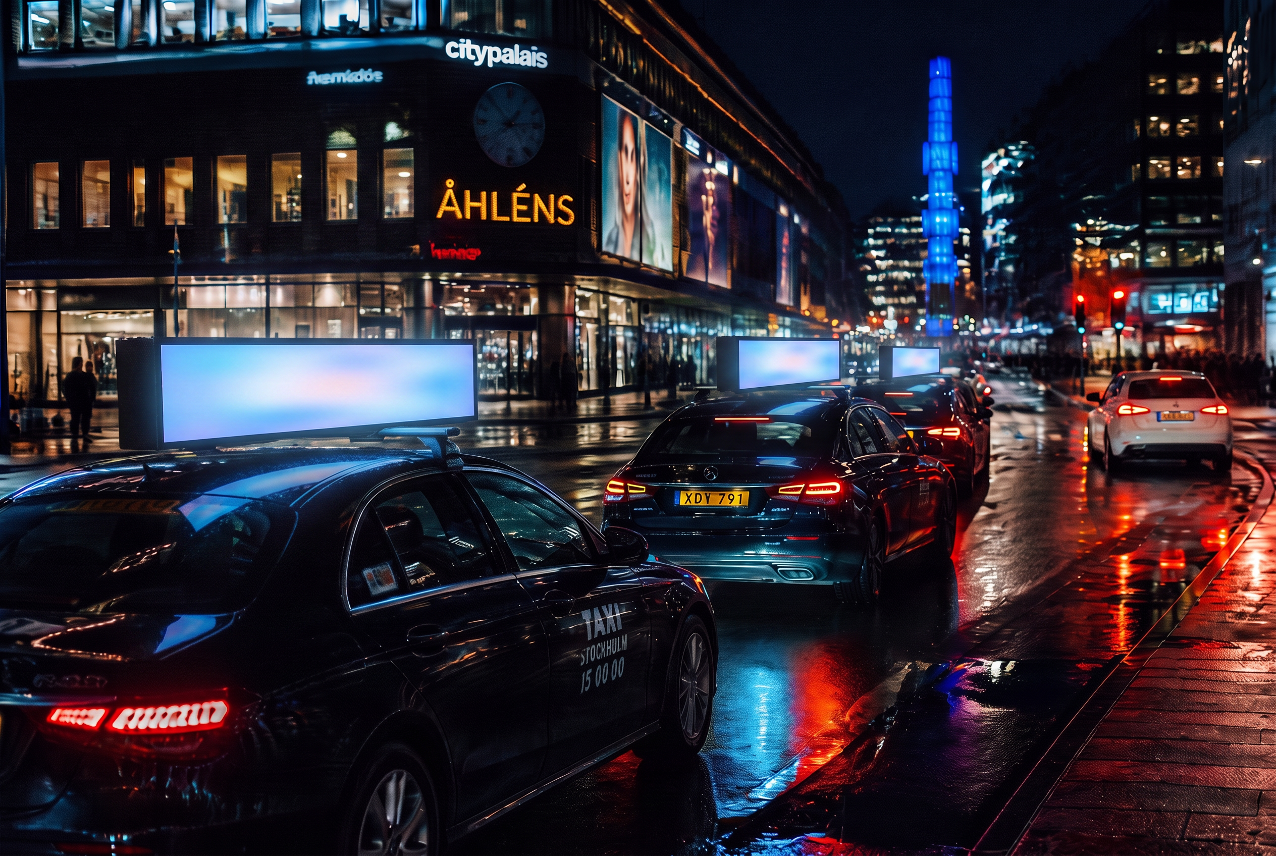 Taxibilar med digitala reklamskärmar i Stockholm på kvällen